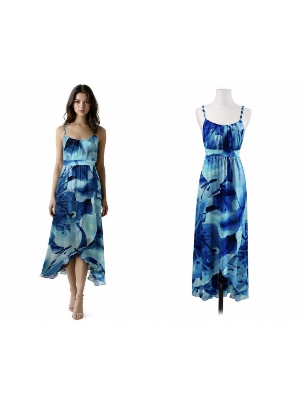 WHBM A Line Maxi Dress 6 Blue Geo Silky High Low Summer Flowy Sun Washable